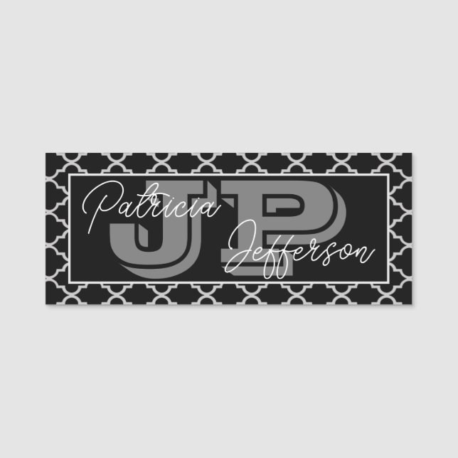 Elegant Black & White Moroccan Quatrefoil Monogram Namnbricka (Framsida)