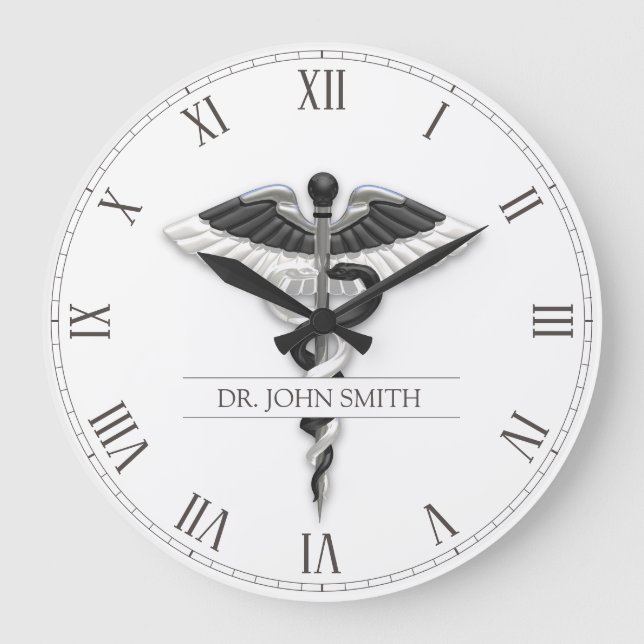 Elegant Black White Noble Classy Medical Caduceus Stor Klocka (Framsida)