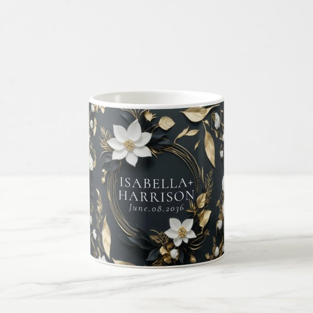 Elegant Black White och Guld Blommigt Bröllop Gift Kaffemugg (Center)