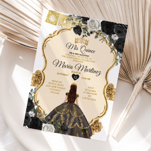Elegant Black White och Guld Blommigt Mis Quince Inbjudningar