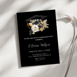 Elegant Black White och Guld Flowers Studenten Inbjudningar