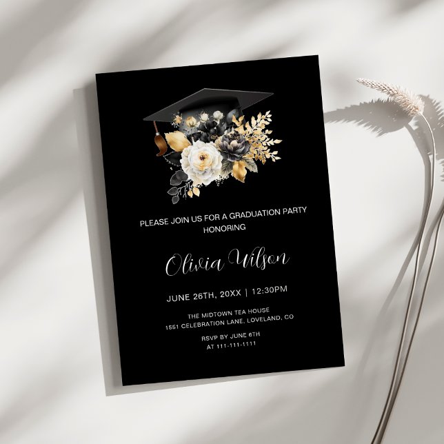 Elegant Black White och Guld Flowers Studenten Inbjudningar (Elegant Black White and Gold Flowers Graduation Party Invitation)
