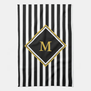 Elegant Black White och Guld Monogram Stripe Kökshandduk