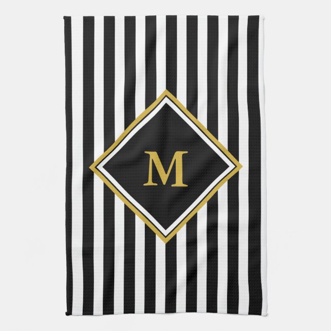 Elegant Black White och Guld Monogram Stripe Kökshandduk (Vertikal)
