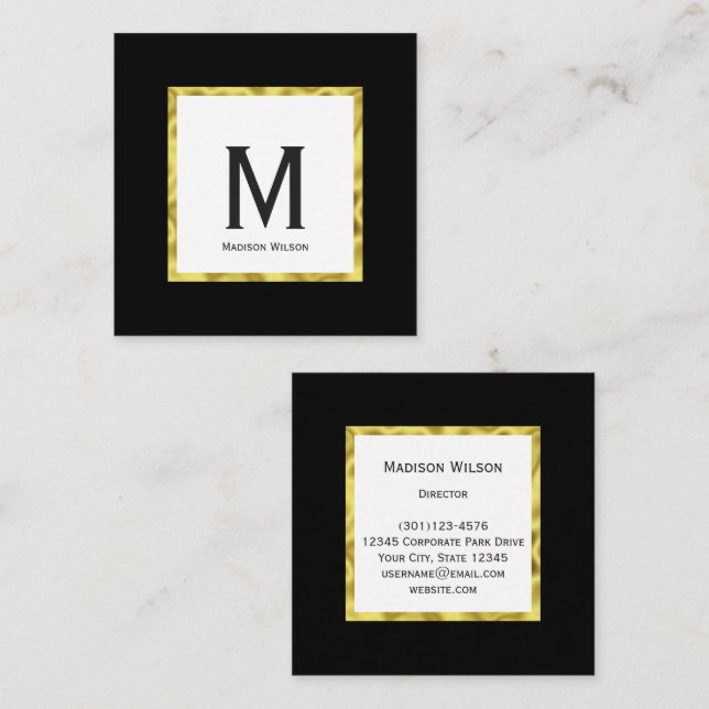 Elegant Black White och Guld Namn Monogram Fyrkantigt Visitkort (Fram/baksida)