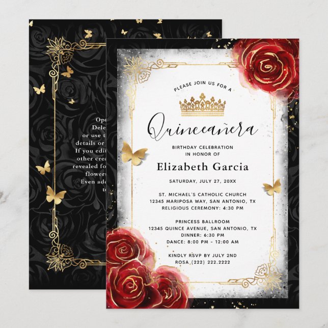 Elegant Black White och Red Quinceanera Inbjudningar (Fram/baksida)