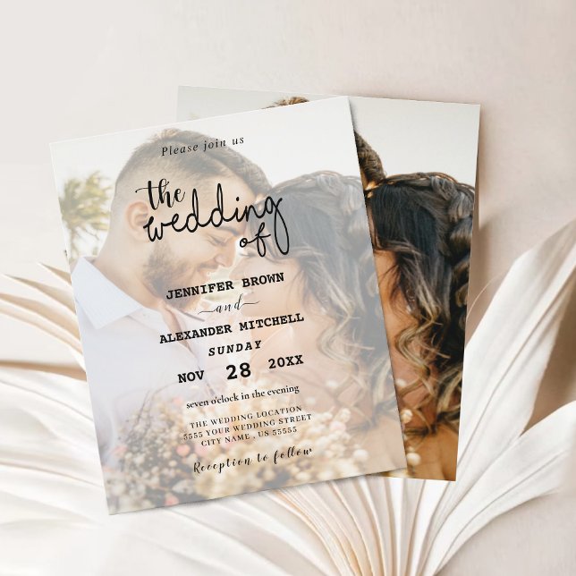 Elegant Black & White Overlay Photo Wedding-inbjud (photo overlay modern wedding invitation)