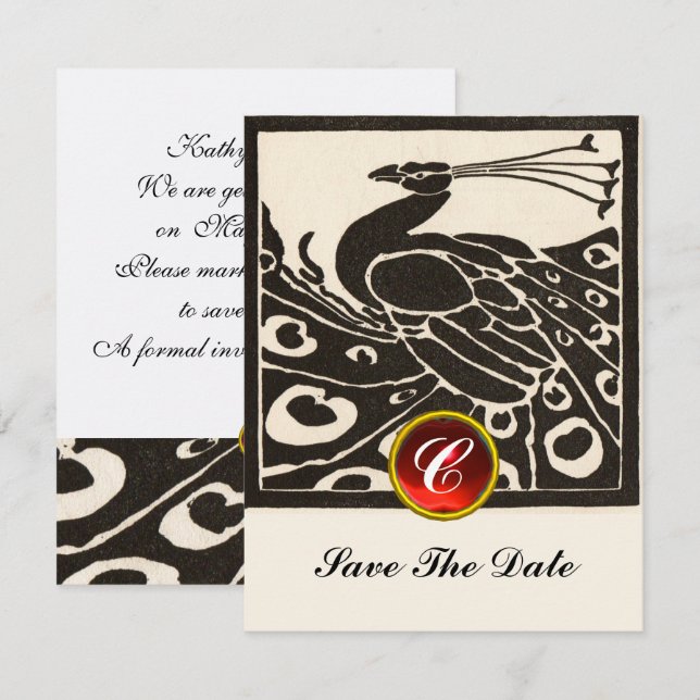ELEGANT BLACK WHITE PEACOCK,RED RUBY GEM MONOGRAM INBJUDNINGAR (Fram/baksida)