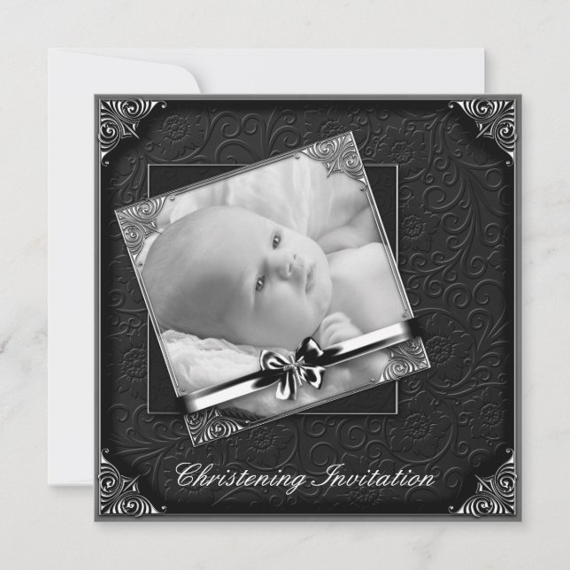 Elegant Black White Photo Christening Inbjudningar (Framsida)