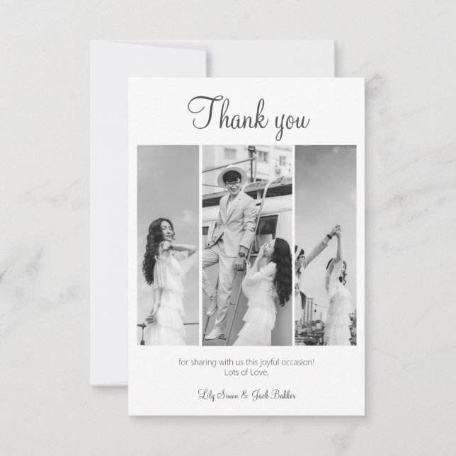 Elegant Black & White Photo Collage bröllop Tack Kort (Framsida)