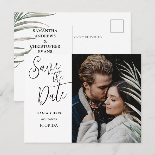 Elegant Black & White Photo Save the Date Announ Meddelande Vykort (Fram/baksida)