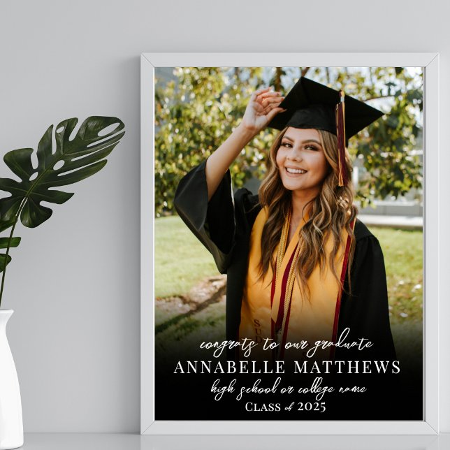 Elegant Black White Photo Studentfest Sign Poster (Elegant Black White Photo Graduation Party Sign)