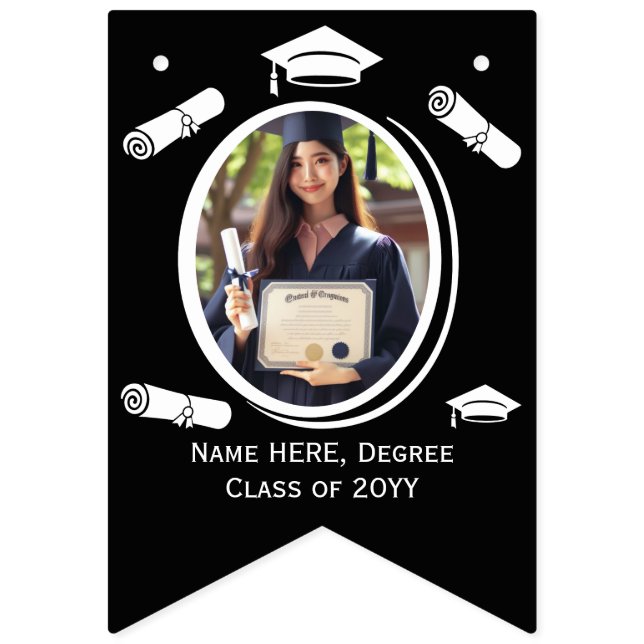 Elegant Black, White Photo Studentmössa, Diploma Vimplar (Första flaggan)