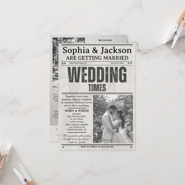 Elegant Black & White Photos Wedding Newspaper     Inbjudningar (Fram/Back In Situ)