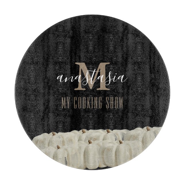 Elegant Black White Pumpkin Monogram Round (Framsidan)