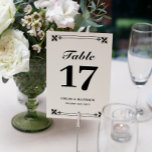 Elegant Black White Ram Namn & Bröllop Datum Bordsnummer<br><div class="desc">Elegant bord-kort i svartvitt med fet typsnitt och en ornat ram-detalj högst upp och grund. Personlig med svarta och vita bordsnummer med datum för namn och bröllop i en elegant svart och vit design.</div>