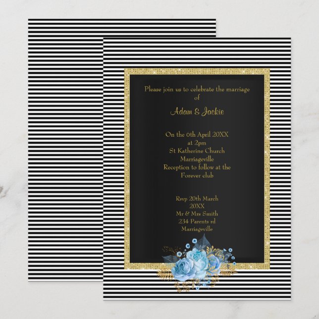 ELEGANT BLACK WHITE RAND BLUE BOUQUET BRÖLLOP INBJUDNINGAR (Fram/baksida)