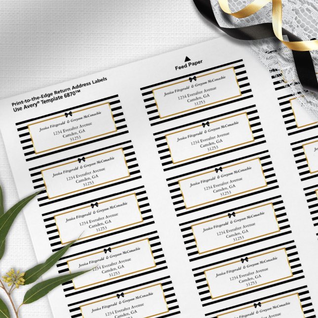Elegant Black White Rand Guld Bröllop Adress vid Returadress Etikett (Skapare uppladdad)
