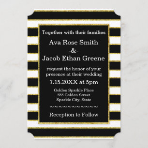 Elegant Black+White Rand & Guld Gnistra Bröllop Inbjudningar