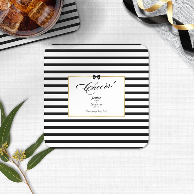Elegant Black White Rand Guld Ram Bröllop vid Underlägg Papper Kvadrat (Skapare uppladdad)