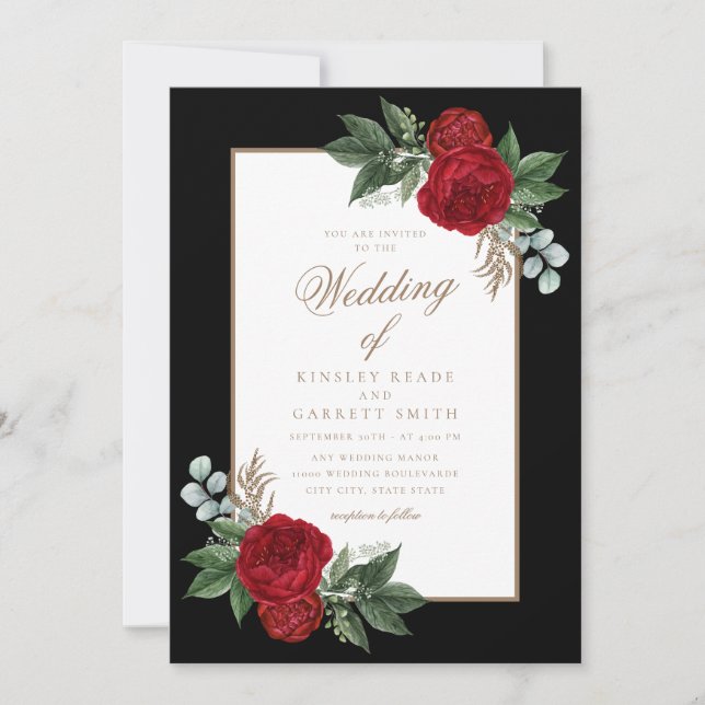 Elegant Black & White Red Blommigt Guld Calligraph Inbjudningar (Framsida)