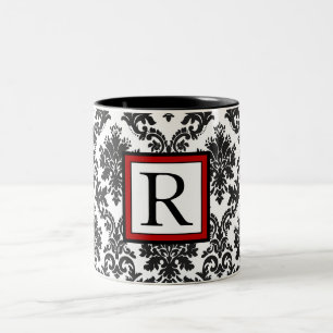 Elegant Black White Red Damask Monogram Två-Tonad Mugg