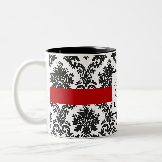 Elegant Black White Red Damask Monogram Två-Tonad Mugg (Vänster)