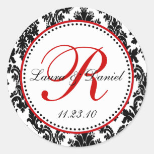 Elegant Black White Red Damask Wedding Runt Klistermärke