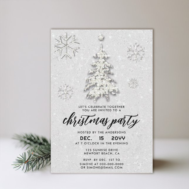 Elegant Black White Rhinestones Vinterjul Inbjudningar (christmas party invitation elegant snowflakes tree sparkles minimalist modern red white black)