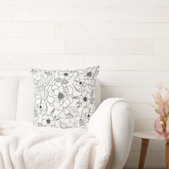 Elegant Black White Ro Line Blommigt Kudde (Soffa)