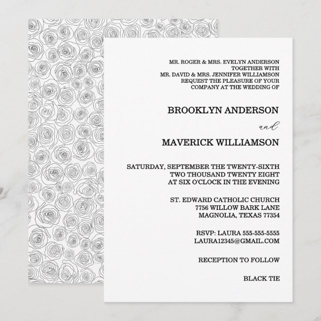 Elegant Black & White Rose Wedding Invitation Inbjudningar (Fram/baksida)