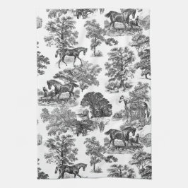 Elegant Black White Rustic Horses Toile Kökshandduk