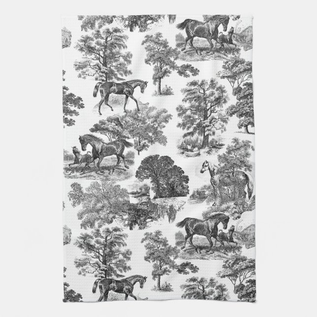 Elegant Black White Rustic Horses Toile Kökshandduk (Vertikal)