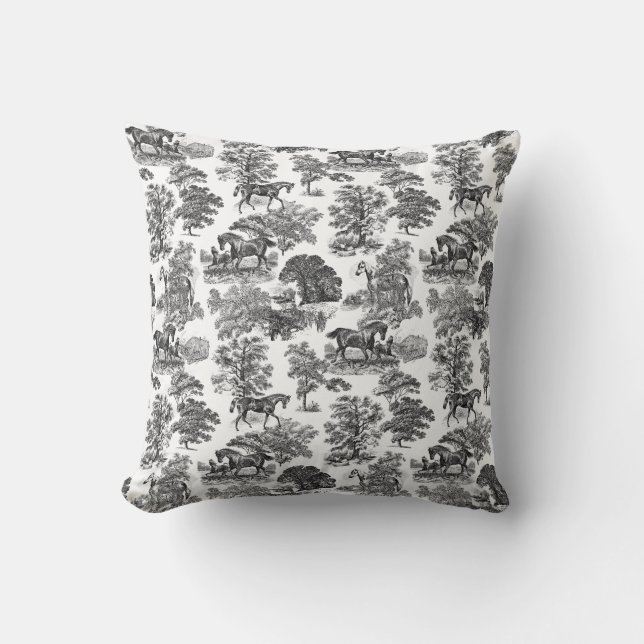 Elegant Black White Rustic Horses Toile Kudde (Framsida)