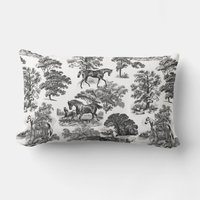 Elegant Black White Rustic Horses Toile Lumbarkudde (Framsida)