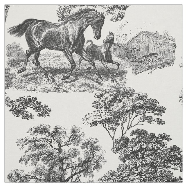 Elegant Black White Rustic Horses Toile Tyg (Provkarta)