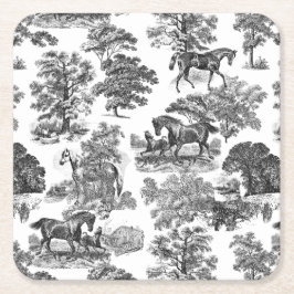 Elegant Black White Rustic Horses Toile Underlägg Papper Kvadrat