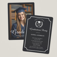 Elegant Black & White School Emblem Grad Photo