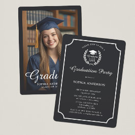Elegant Black & White School Emblem Grad Photo Inbjudningar