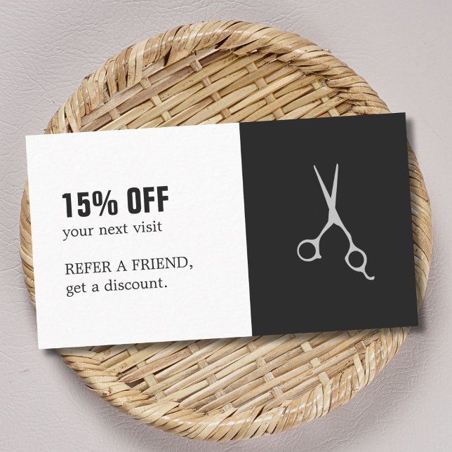 Elegant Black White Scissors Hair Salon Coupon Rabattkort (Skapare uppladdad)
