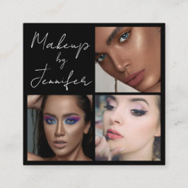 Elegant Black White Script 3 Photo Makeup Fyrkantigt Visitkort