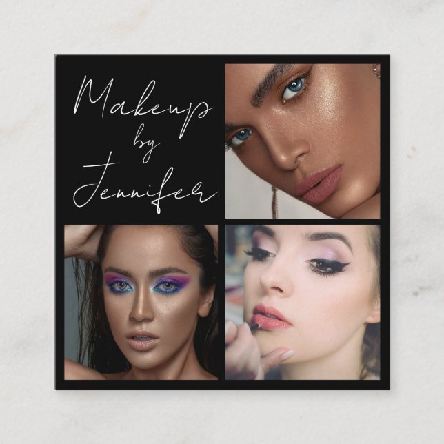 Elegant Black White Script 3 Photo Makeup Fyrkantigt Visitkort (Framsida)