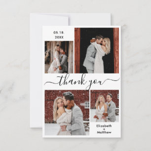 Elegant Black White Script 4 Photo Collage Bröllop Tack Kort