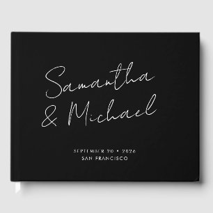 Elegant Black White Script Calligraphy Bröllop Gästböcker