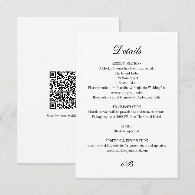 Elegant Black White Script Monogram QR Wedding Tilläggskort (Fram/baksida)
