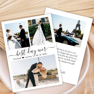Elegant Black White Script Photo Collage Bröllop Tack Kort