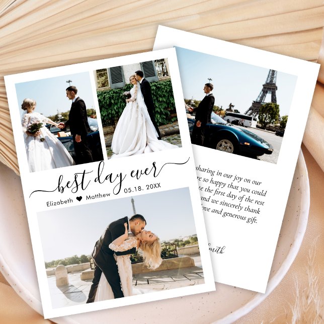 Elegant Black White Script Photo Collage Bröllop Tack Kort (Skapare uppladdad)