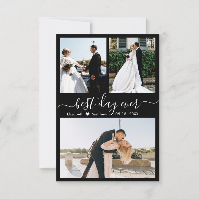 Elegant Black White Script Photo Collage Bröllop Tack Kort (Framsida)