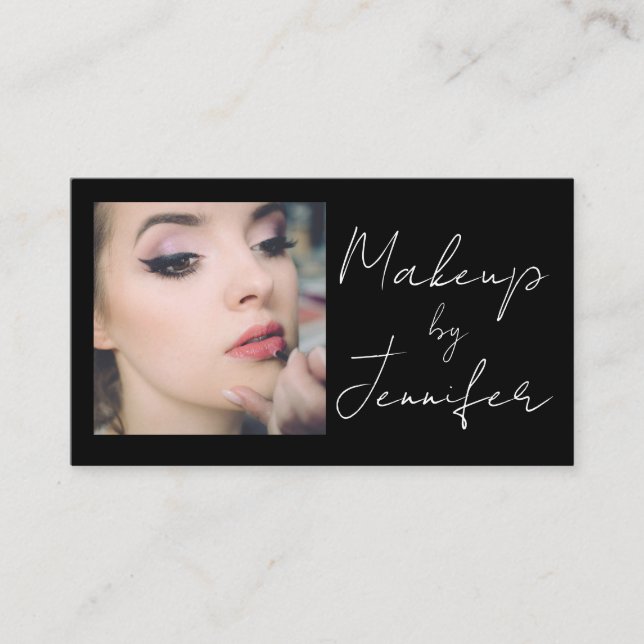 Elegant Black White Script Photo Makeup Visitkort (Framsida)