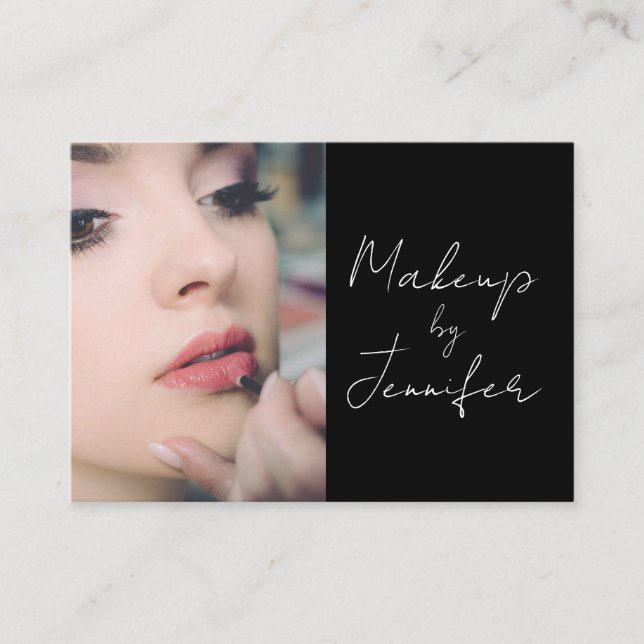 Elegant Black White Script Photo Makeup Visitkort (Framsida)